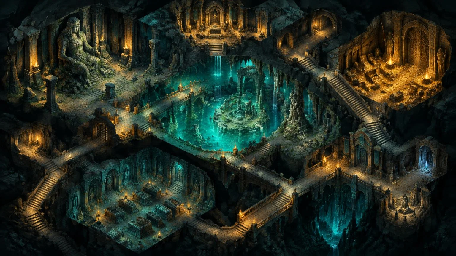 Interconnected underground chambers surrounding a glowing turquoise pool.