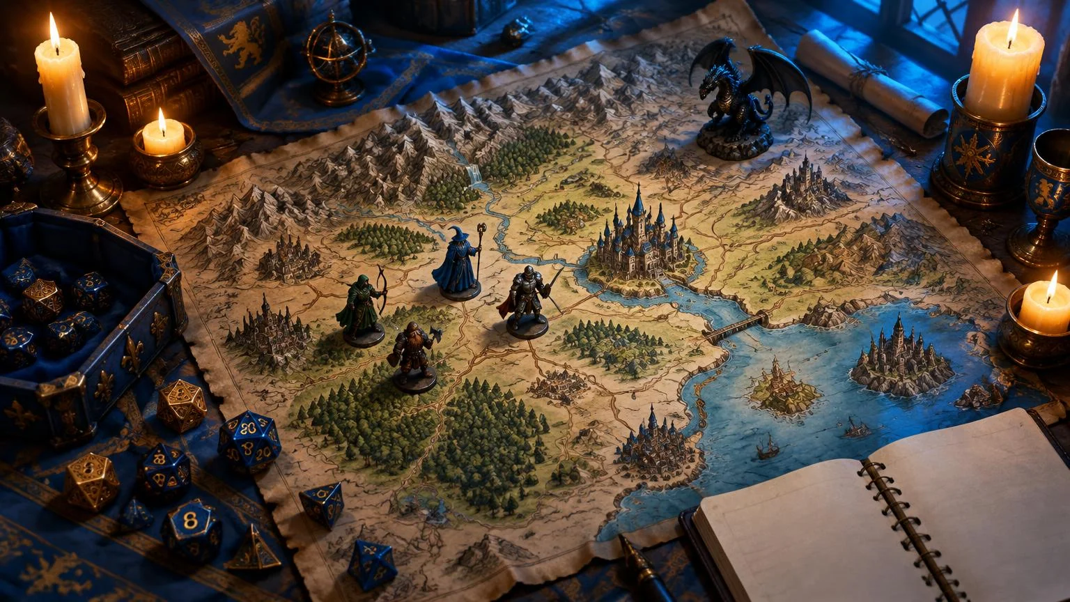 A parchment kingdom map with dice, adventurer miniatures and candles.
