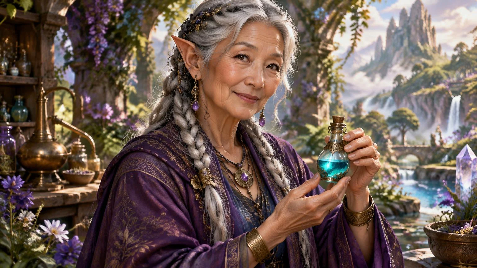 An elderly silver-haired elf alchemist holding a turquoise potion.
