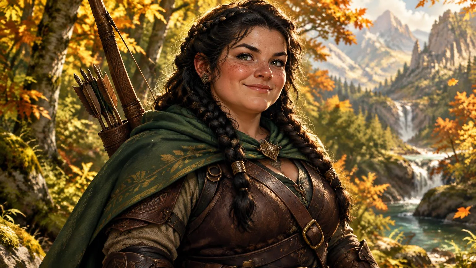 A freckled dwarf ranger with braided hair and a green cloak in autumn woodland.