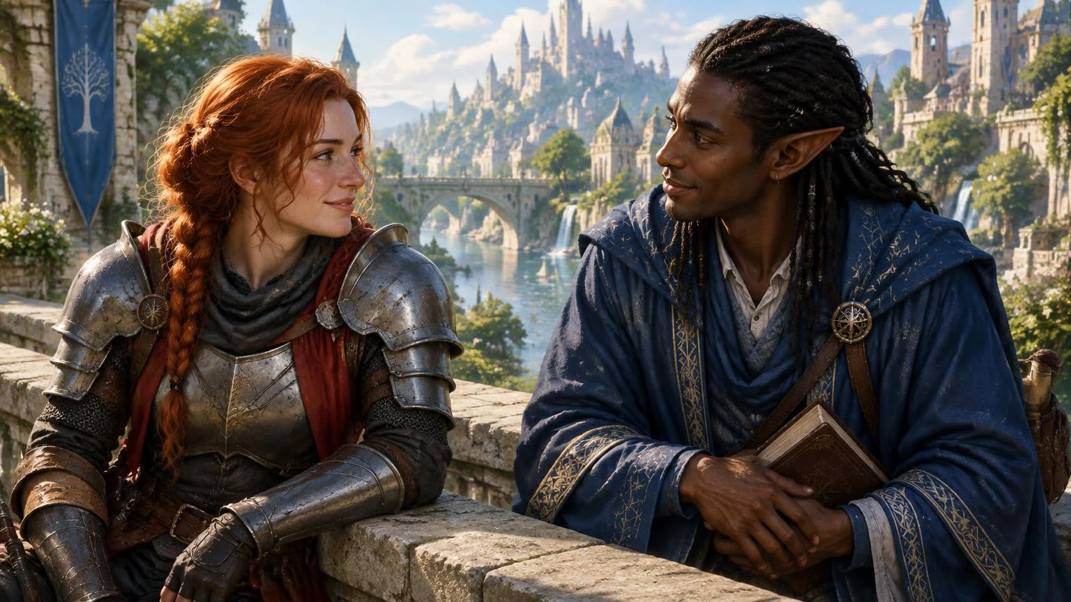 A woman knight and an elf scholar talking together on a stone bridge.