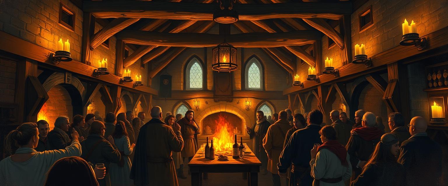 City inhabitants gathering in a busy, warmly lit fantasy tavern.