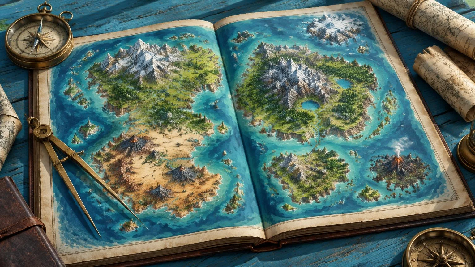 An open island atlas with coastlines, mountains, rivers and cartography instruments.