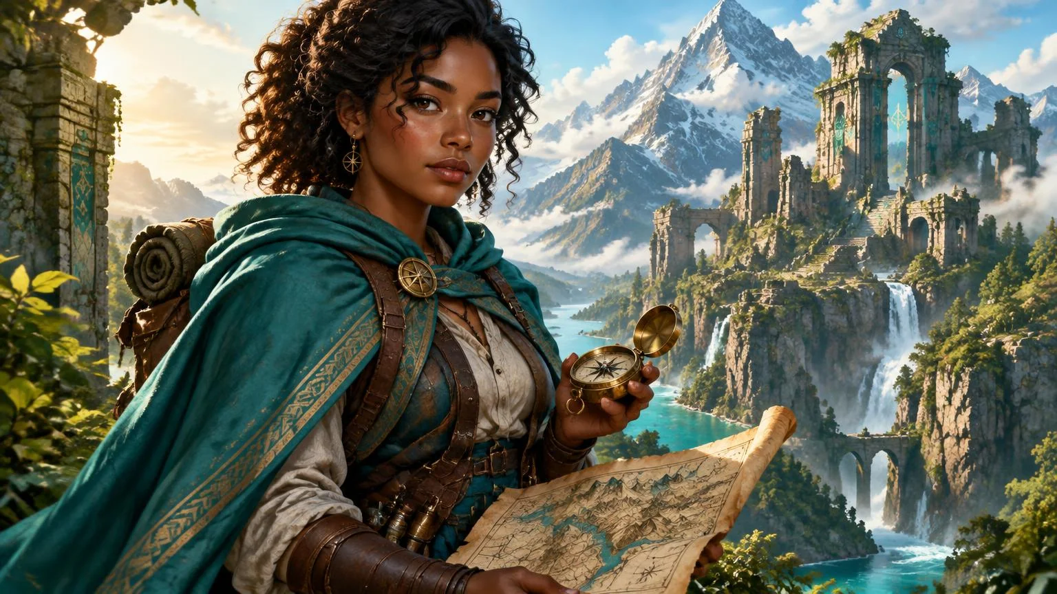 A curly-haired cartographer in a teal cloak carrying a compass beside mountain ruins.