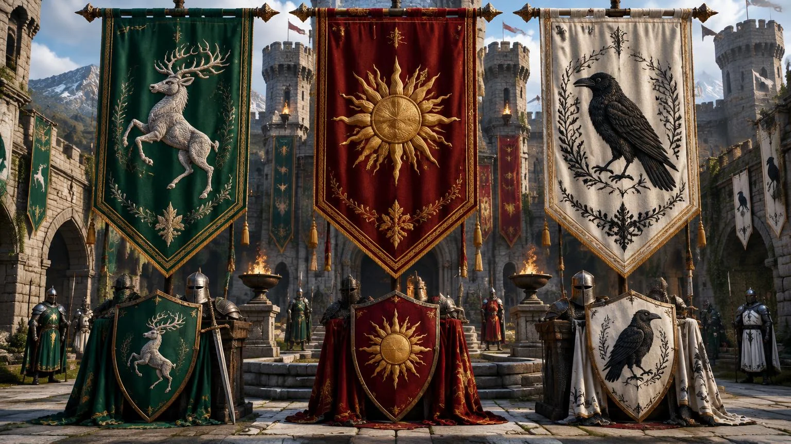 Stag, sun and raven faction banners displayed in a castle courtyard.