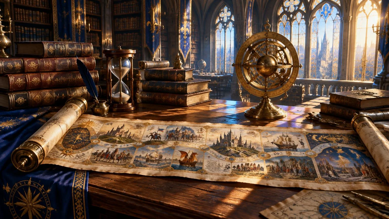 An illustrated chronology scroll, books and an hourglass on a library desk.